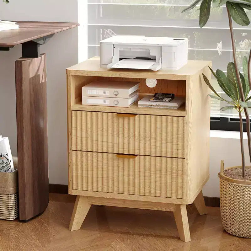 Modern Fluted Nightstand, Wood Bedside Table with USB Ports and Outlets, 2 Drawers and Open Shelf, Natural 1 Pack
