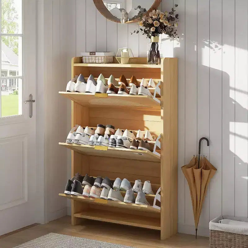 COZONY Rattan Shoe Cabinet with Flip Drawers, 3-Tier Space-Saving Shoe Storage Cabinet for Entryway, Modern Slim Hallway Shoe Organizer