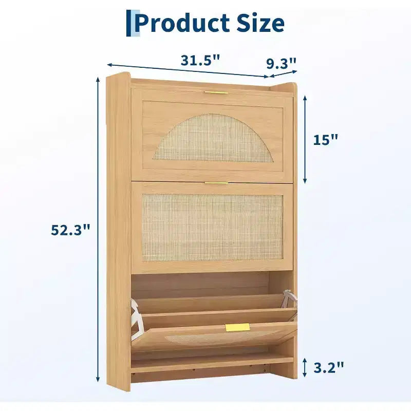 COZONY Rattan Shoe Cabinet with Flip Drawers, 3-Tier Space-Saving Shoe Storage Cabinet for Entryway, Modern Slim Hallway Shoe Organizer