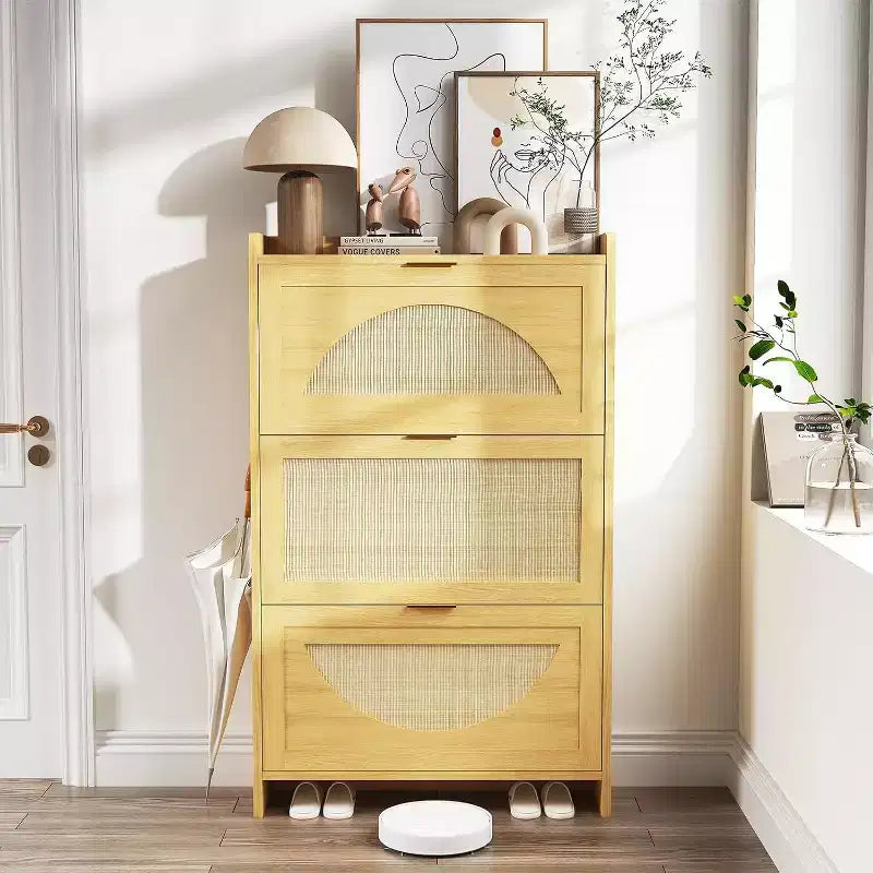 COZONY Rattan Shoe Cabinet with Flip Drawers, 3-Tier Space-Saving Shoe Storage Cabinet for Entryway, Modern Slim Hallway Shoe Organizer