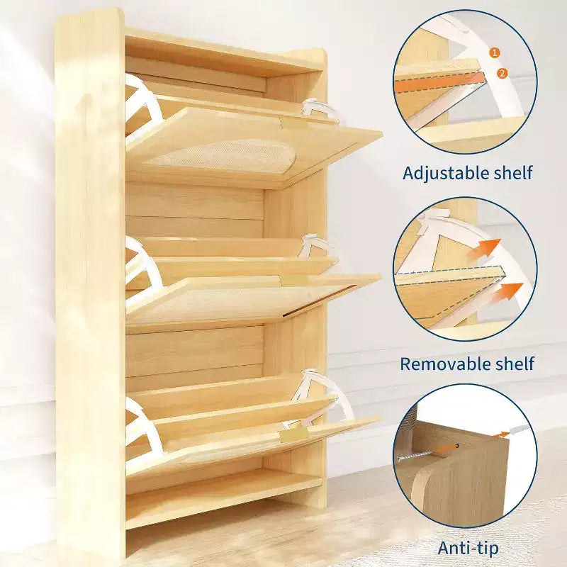 COZONY Rattan Shoe Cabinet with Flip Drawers, 3-Tier Space-Saving Shoe Storage Cabinet for Entryway, Modern Slim Hallway Shoe Organizer
