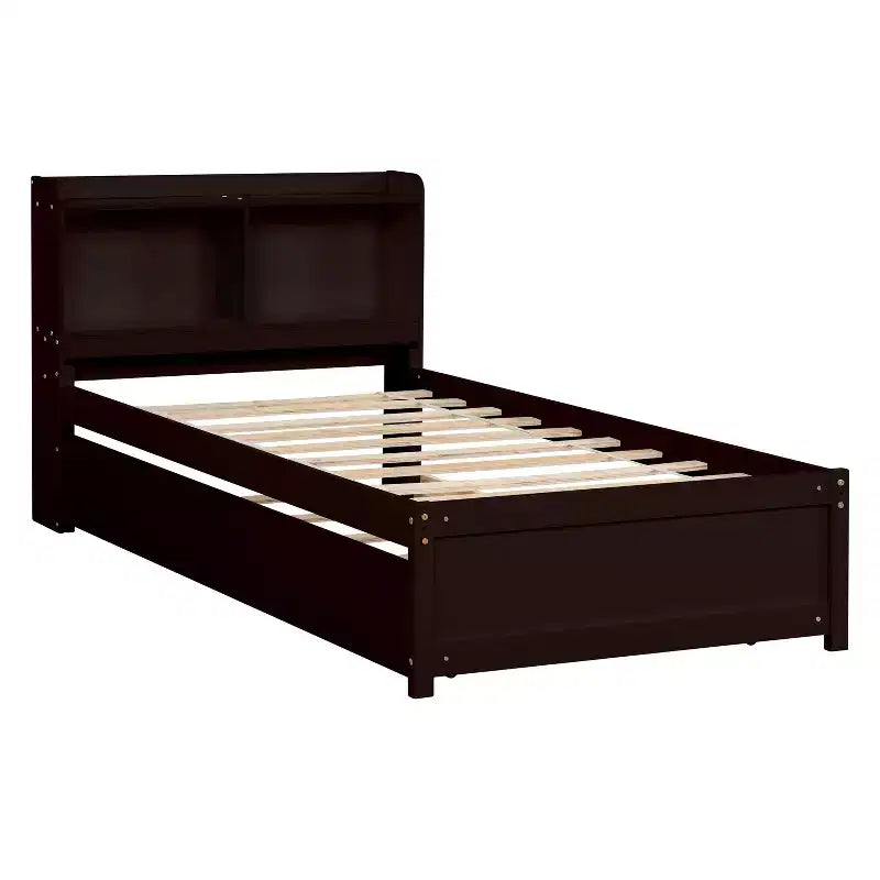 Luxystar Twin Wood Bed with Trundle and Bookcase Headboard for Small Room and Guest Room