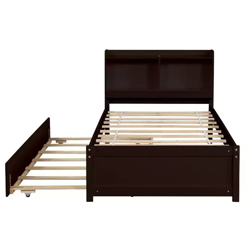 Luxystar Twin Wood Bed with Trundle and Bookcase Headboard for Small Room and Guest Room