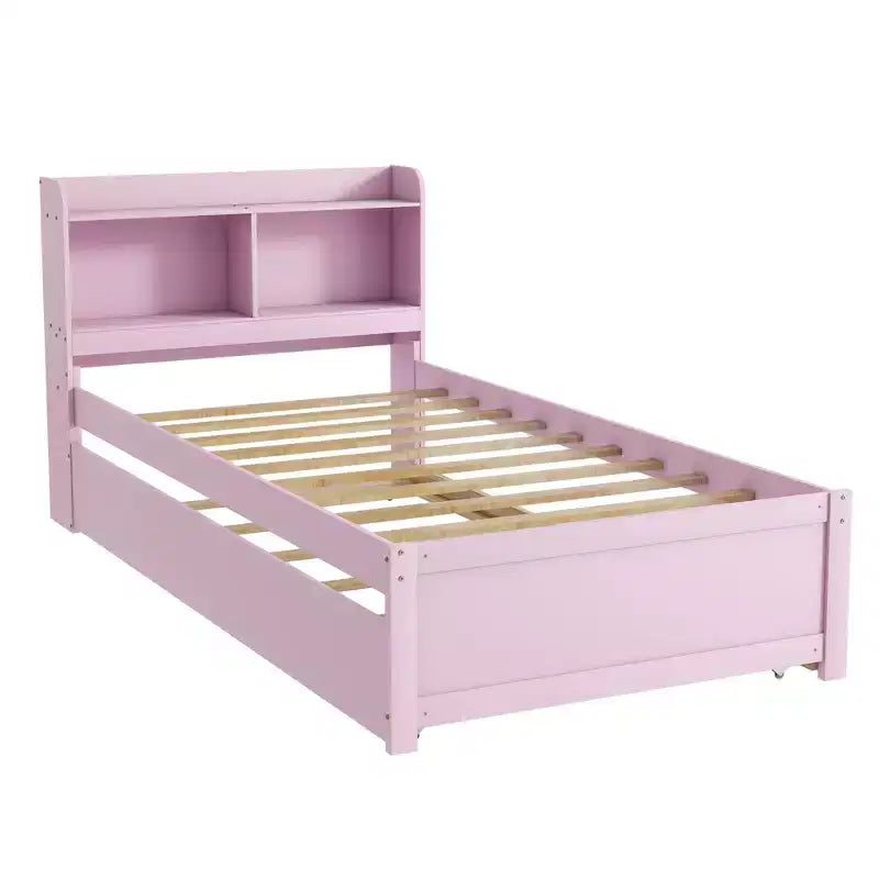 Luxystar Twin Wood Bed with Trundle and Bookcase Headboard for Small Room and Guest Room