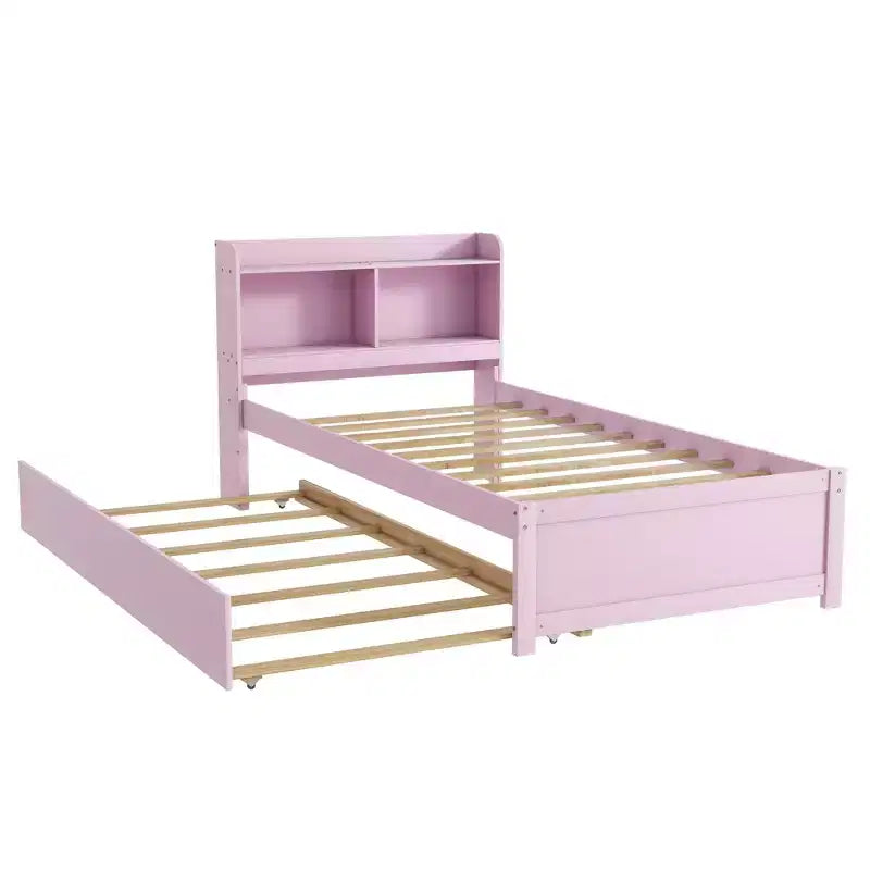 Luxystar Twin Wood Bed with Trundle and Bookcase Headboard for Small Room and Guest Room