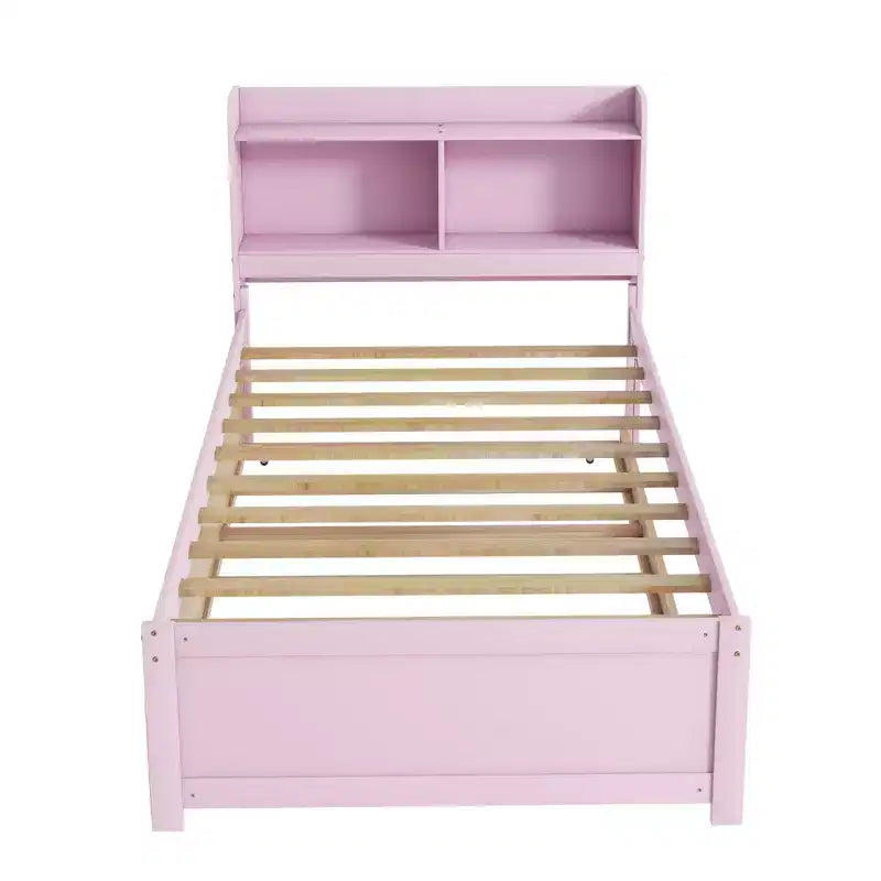 Luxystar Twin Wood Bed with Trundle and Bookcase Headboard for Small Room and Guest Room