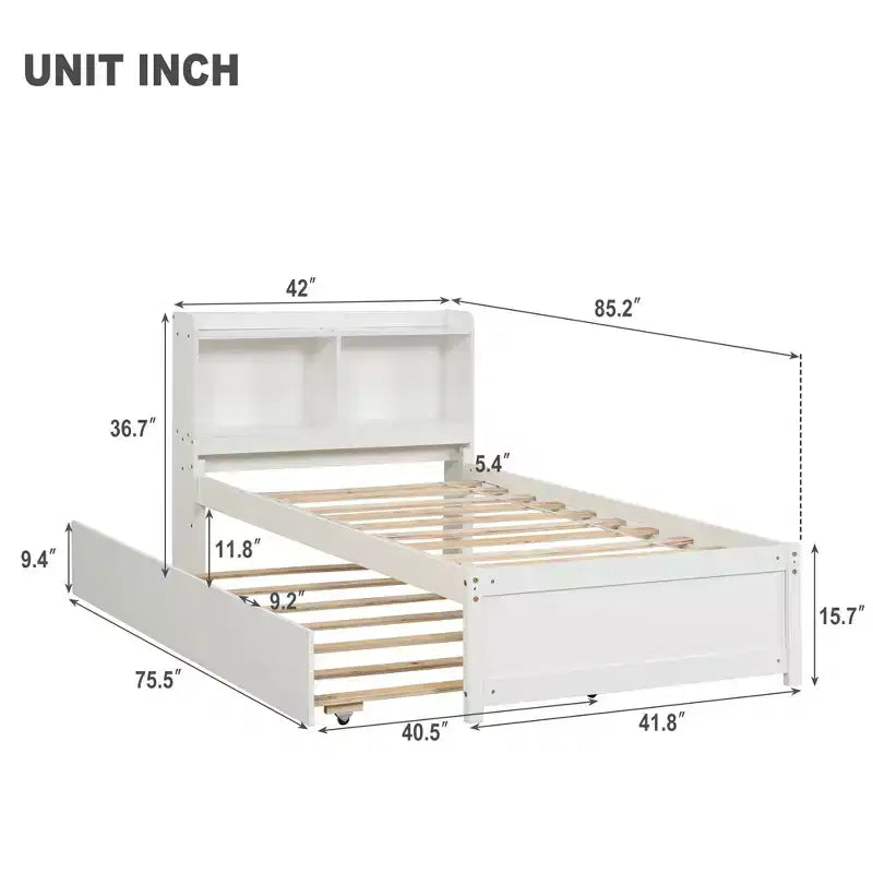 Luxystar Twin Wood Bed with Trundle and Bookcase Headboard for Small Room and Guest Room