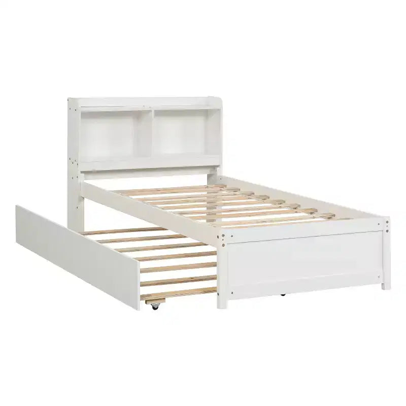 Luxystar Twin Wood Bed with Trundle and Bookcase Headboard for Small Room and Guest Room
