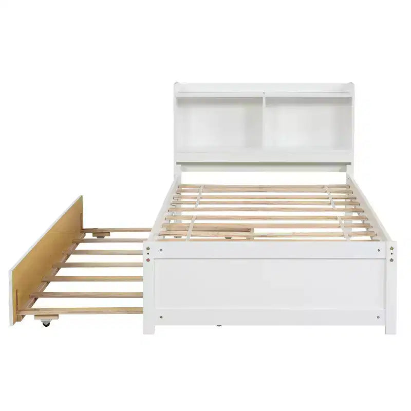 Luxystar Twin Wood Bed with Trundle and Bookcase Headboard for Small Room and Guest Room