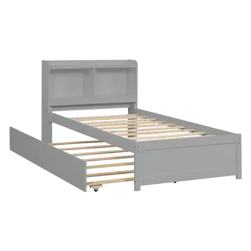 Luxystar Twin Wood Bed with Trundle and Bookcase Headboard for Small Room and Guest Room
