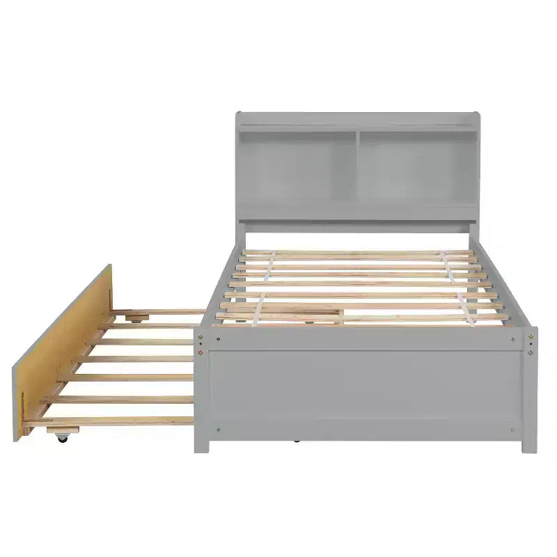 Luxystar Twin Wood Bed with Trundle and Bookcase Headboard for Small Room and Guest Room