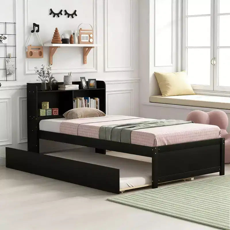 Luxystar Twin Wood Bed with Trundle and Bookcase Headboard for Small Room and Guest Room