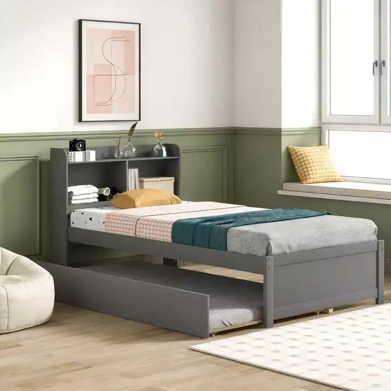 Luxystar Twin Wood Bed with Trundle and Bookcase Headboard for Small Room and Guest Room