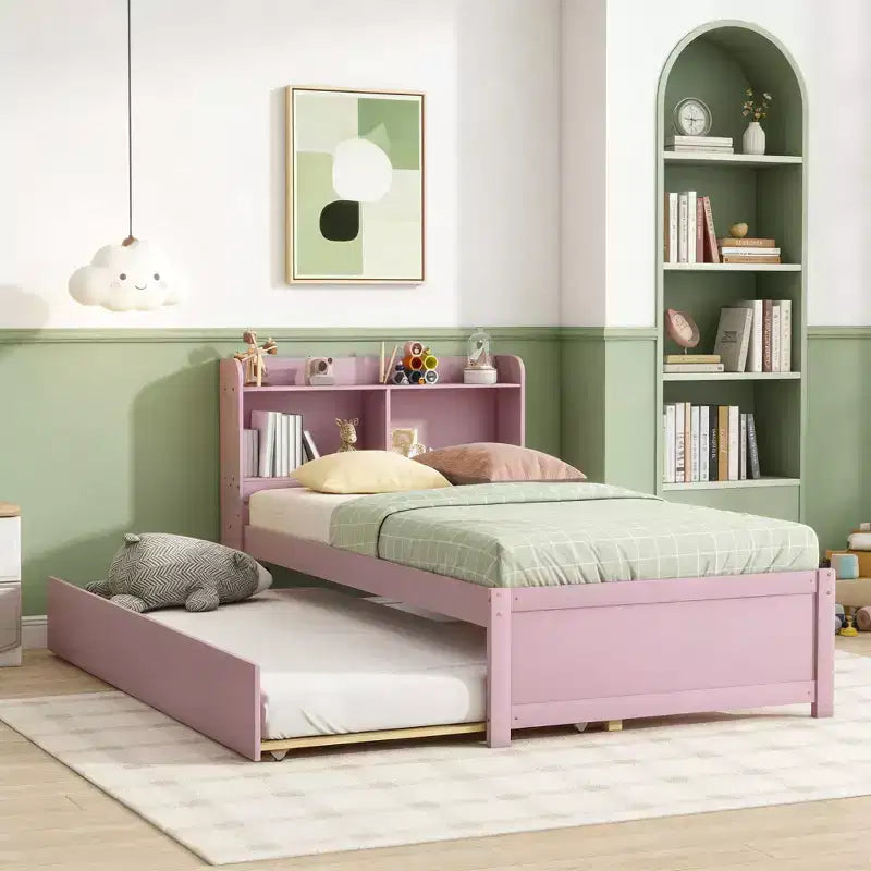 Luxystar Twin Wood Bed with Trundle and Bookcase Headboard for Small Room and Guest Room