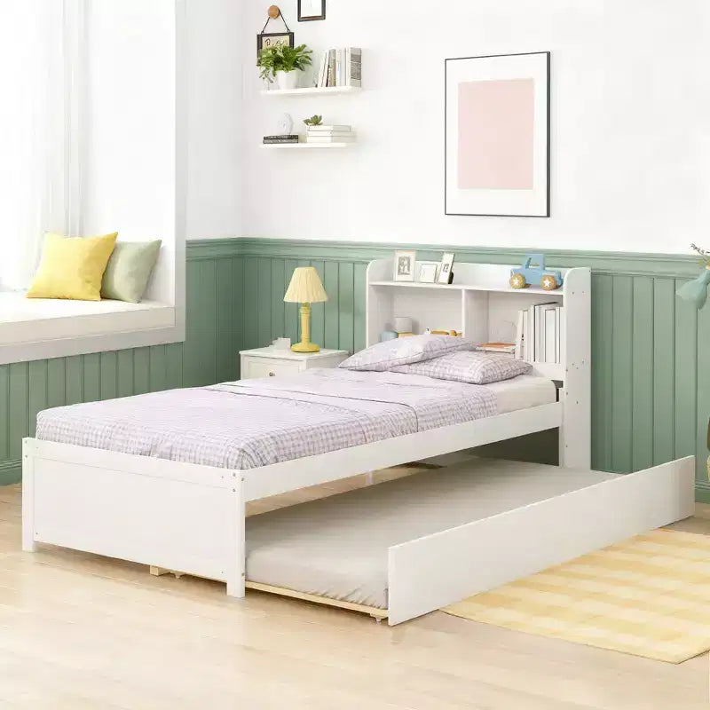 Luxystar Twin Wood Bed with Trundle and Bookcase Headboard for Small Room and Guest Room