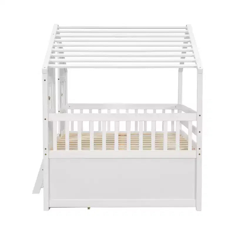 Luxystar Full Size House Loft Bed with Roof, 2 Windows, 4 Storage Drawers, Safety Guardrails and Ladder