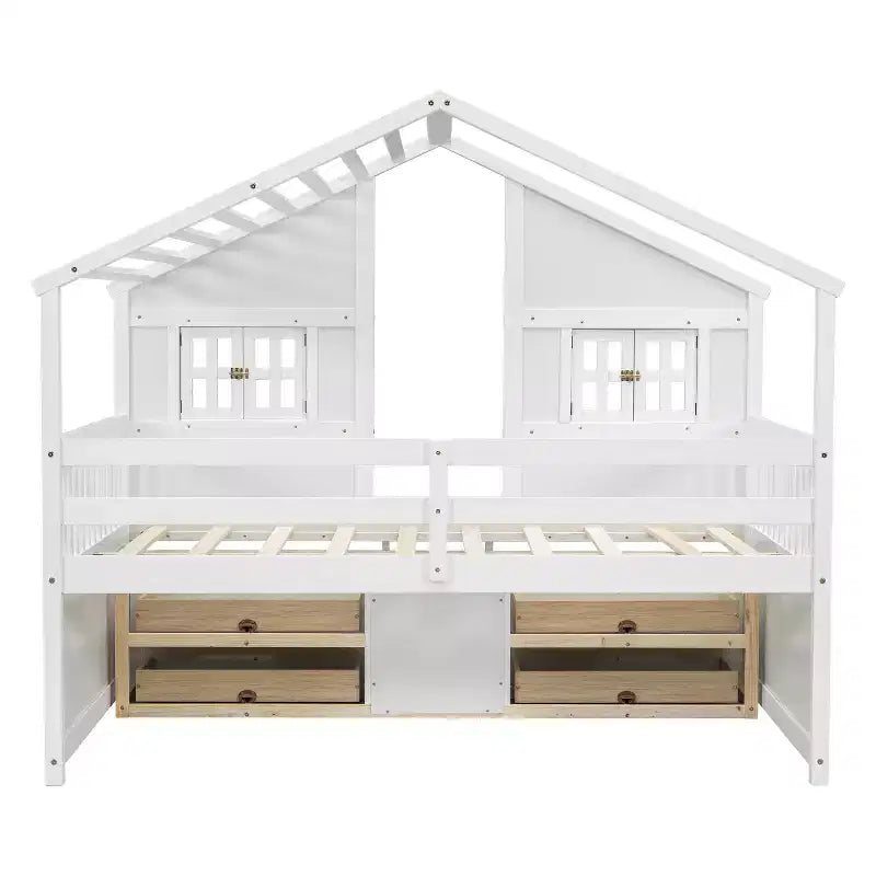 Luxystar Full Size House Loft Bed with Roof, 2 Windows, 4 Storage Drawers, Safety Guardrails and Ladder