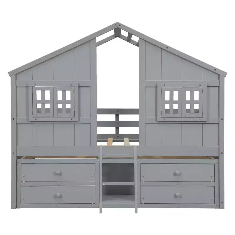 Luxystar Full Size House Loft Bed with Roof, 2 Windows, 4 Storage Drawers, Safety Guardrails and Ladder