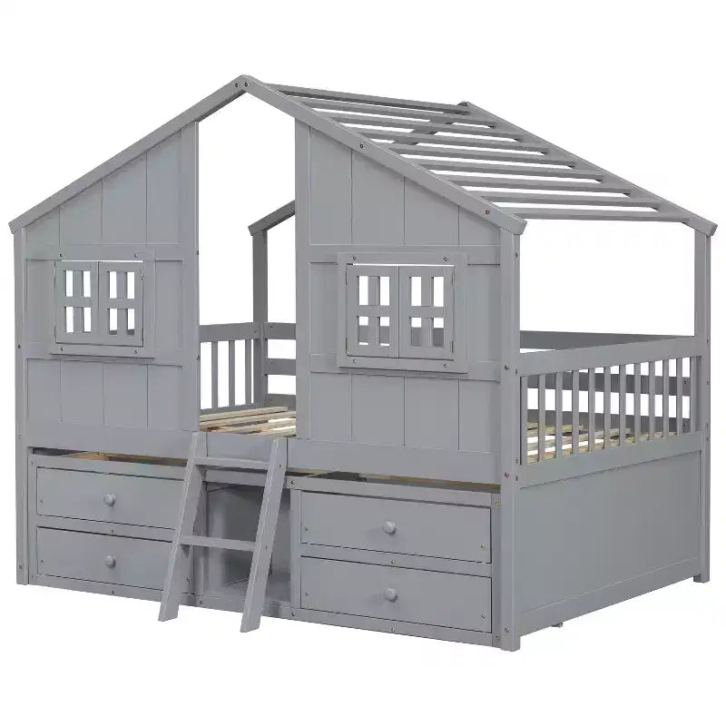 Luxystar Full Size House Loft Bed with Roof, 2 Windows, 4 Storage Drawers, Safety Guardrails and Ladder