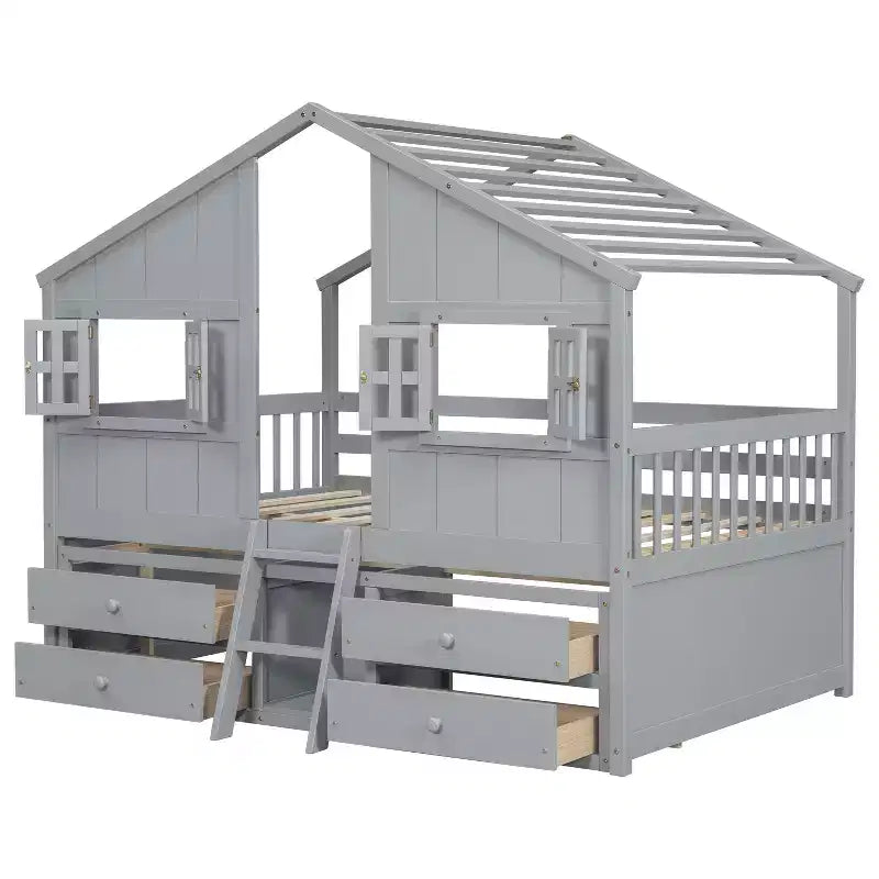 Luxystar Full Size House Loft Bed with Roof, 2 Windows, 4 Storage Drawers, Safety Guardrails and Ladder