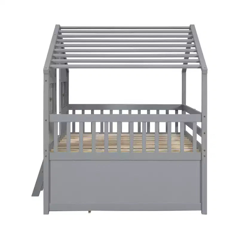 Luxystar Full Size House Loft Bed with Roof, 2 Windows, 4 Storage Drawers, Safety Guardrails and Ladder