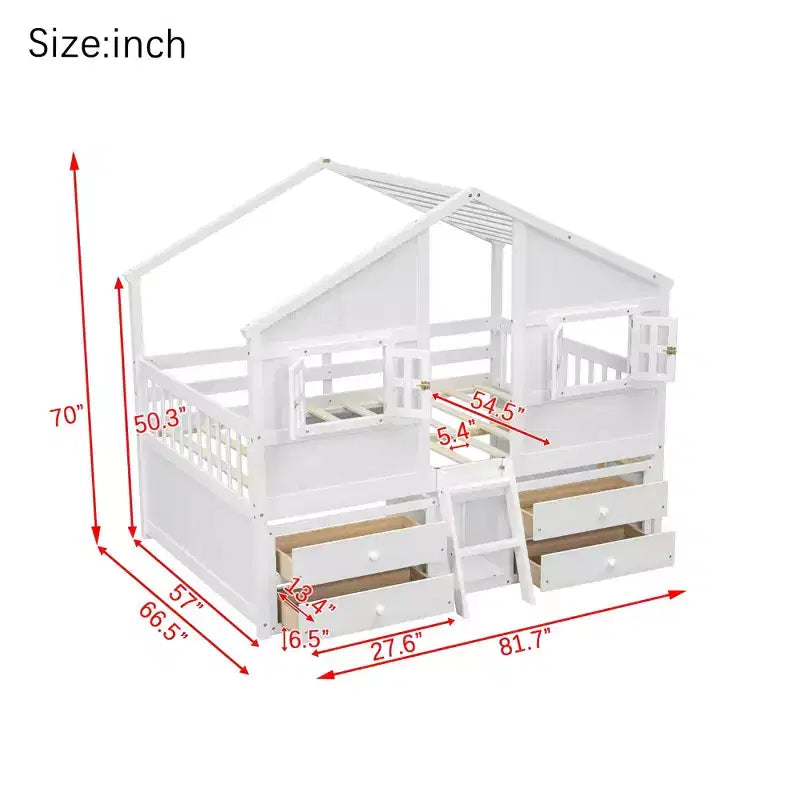 Luxystar Full Size House Loft Bed with Roof, 2 Windows, 4 Storage Drawers, Safety Guardrails and Ladder