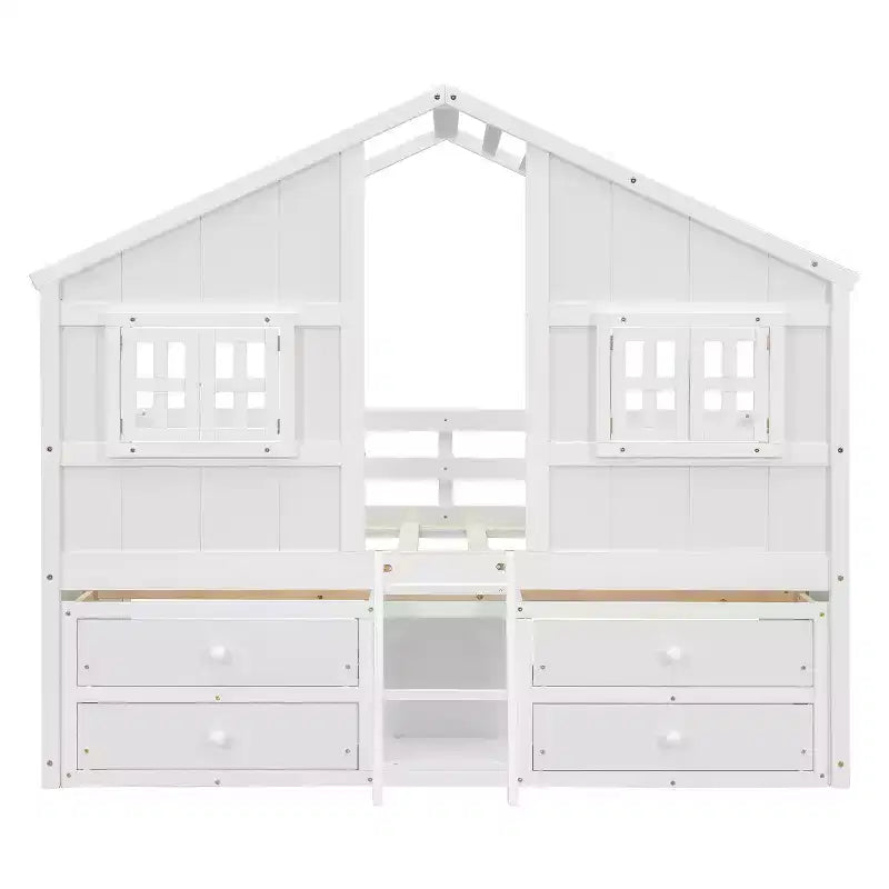 Luxystar Full Size House Loft Bed with Roof, 2 Windows, 4 Storage Drawers, Safety Guardrails and Ladder
