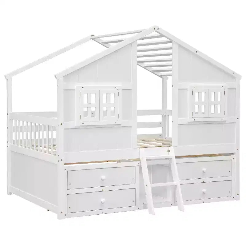 Luxystar Full Size House Loft Bed with Roof, 2 Windows, 4 Storage Drawers, Safety Guardrails and Ladder