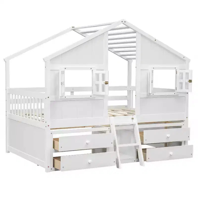 Luxystar Full Size House Loft Bed with Roof, 2 Windows, 4 Storage Drawers, Safety Guardrails and Ladder