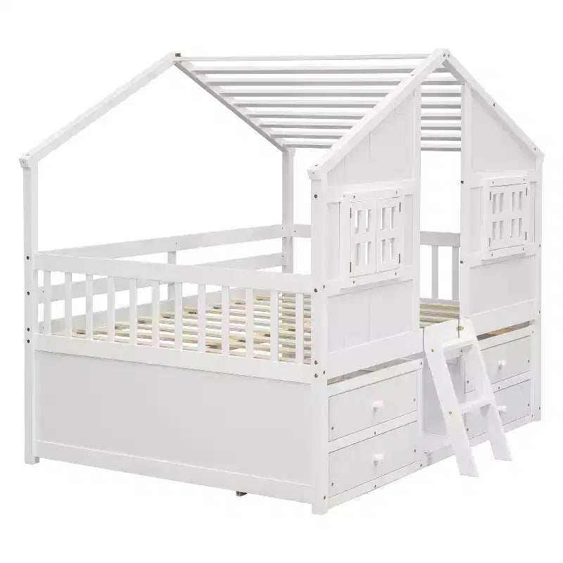 Luxystar Full Size House Loft Bed with Roof, 2 Windows, 4 Storage Drawers, Safety Guardrails and Ladder