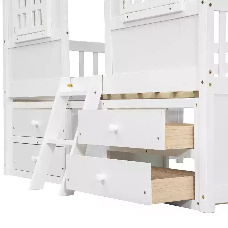 Luxystar Full Size House Loft Bed with Roof, 2 Windows, 4 Storage Drawers, Safety Guardrails and Ladder
