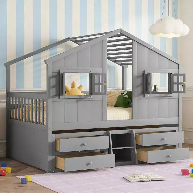 Luxystar Full Size House Loft Bed with Roof, 2 Windows, 4 Storage Drawers, Safety Guardrails and Ladder