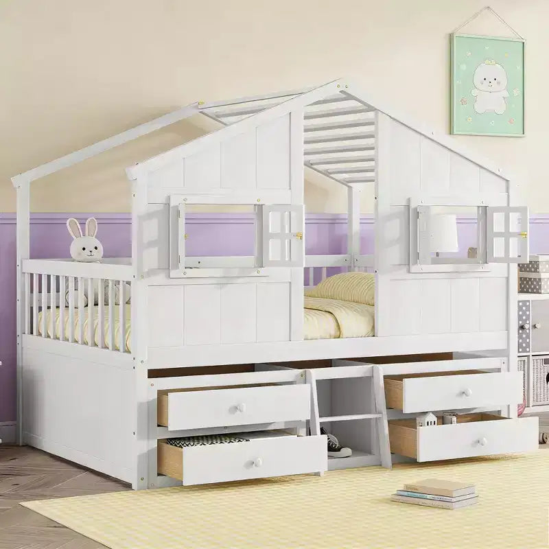 Luxystar Full Size House Loft Bed with Roof, 2 Windows, 4 Storage Drawers, Safety Guardrails and Ladder