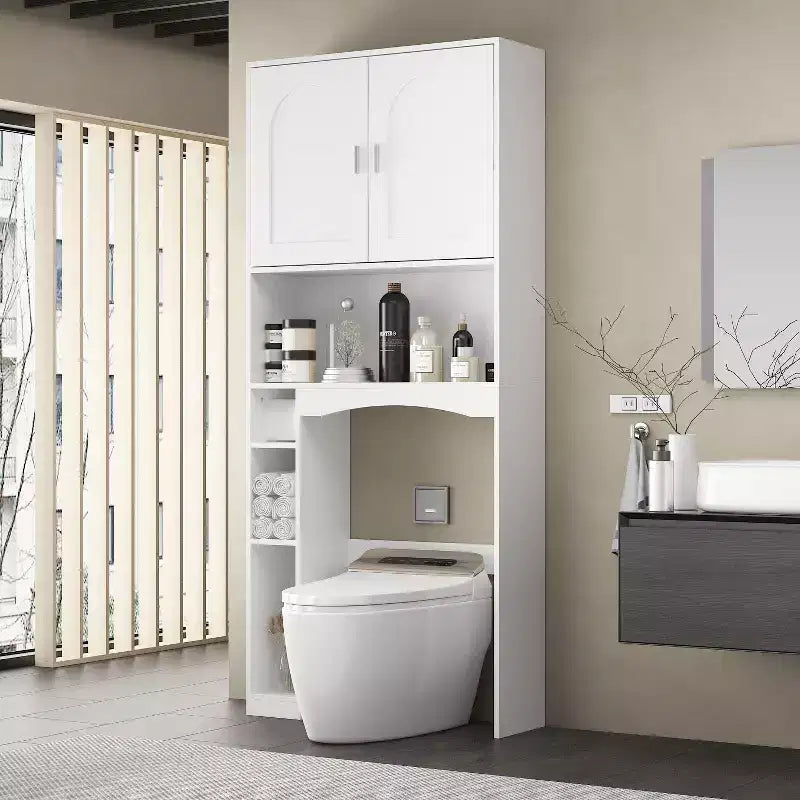 Famapy Water-Resistant Over-Toilet Storage Cabinet with Tissue Holder,Bathroom Organizer with 6 Compartments,Space-Saving Over-Toilet Shlves Etageres