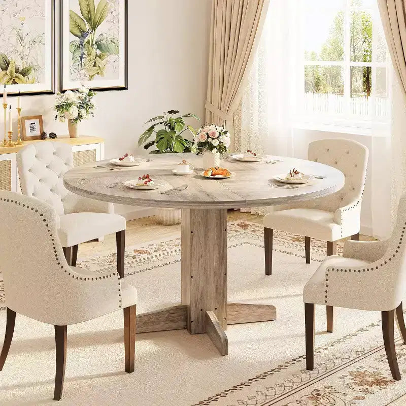 COZONY 47 Round Dining Table for 4-6, Farmhouse Wood Kitchen Table with Sturdy Pedestal Base, Circle Dinner Table for Dining Room or Apartment