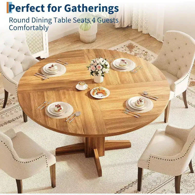 COZONY 47 Round Dining Table for 4-6, Farmhouse Wood Kitchen Table with Sturdy Pedestal Base, Circle Dinner Table for Dining Room or Apartment