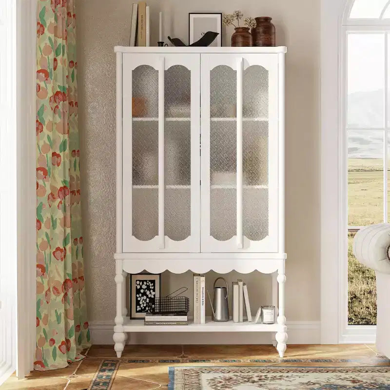 Hitow Double Frosted Glass Display Cabinet Bookcase Open Bottom Shelf Scalloped Edge Accent Home Office Books & Decor Storage Cabinet Organizer