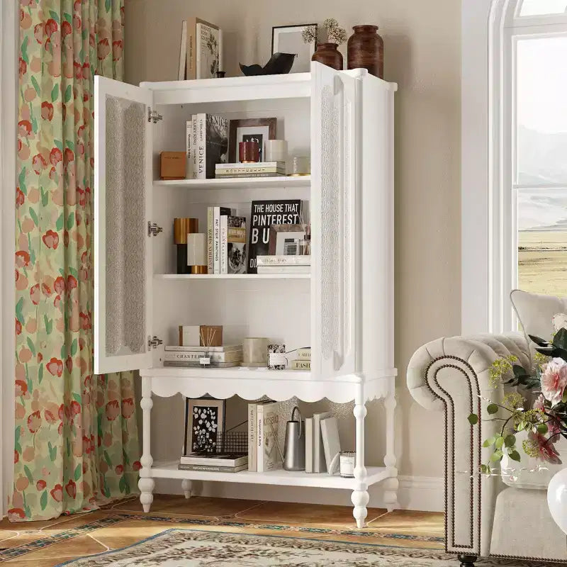 Hitow Double Frosted Glass Display Cabinet Bookcase Open Bottom Shelf Scalloped Edge Accent Home Office Books & Decor Storage Cabinet Organizer