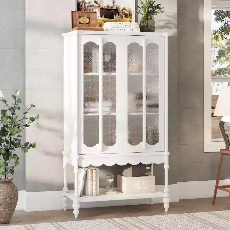 Hitow Double Frosted Glass Display Cabinet Bookcase Open Bottom Shelf Scalloped Edge Accent Home Office Books & Decor Storage Cabinet Organizer