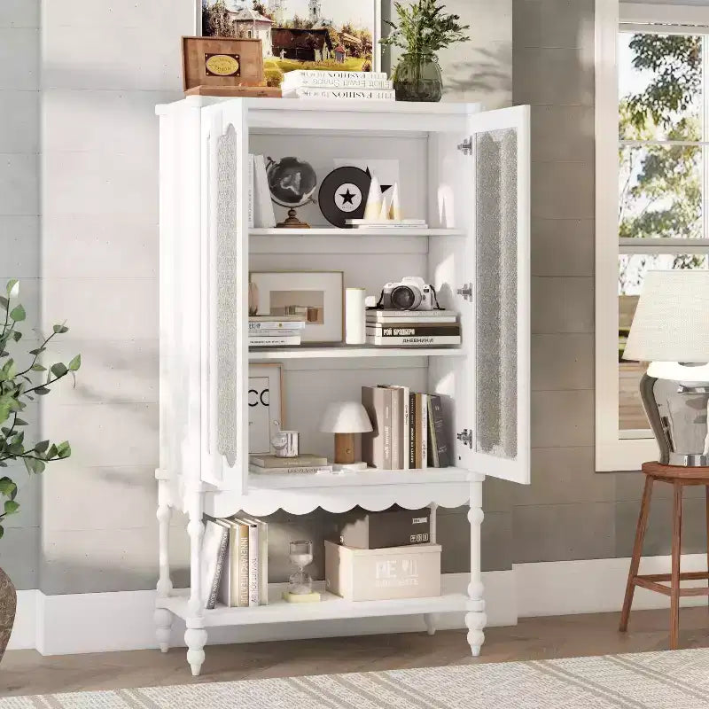 Hitow Double Frosted Glass Display Cabinet Bookcase Open Bottom Shelf Scalloped Edge Accent Home Office Books & Decor Storage Cabinet Organizer