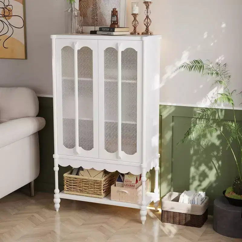 Hitow Double Frosted Glass Display Cabinet Bookcase Open Bottom Shelf Scalloped Edge Accent Home Office Books & Decor Storage Cabinet Organizer