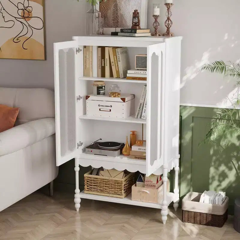 Hitow Double Frosted Glass Display Cabinet Bookcase Open Bottom Shelf Scalloped Edge Accent Home Office Books & Decor Storage Cabinet Organizer