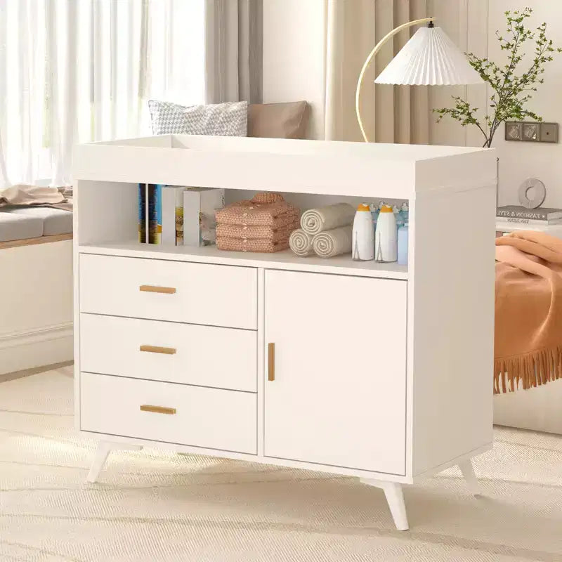Nursery Dresser & Baby Changing Table Combo - Wooden 3-Drawer Storage with Built-in Shelves and Top-Mounted Changing Station