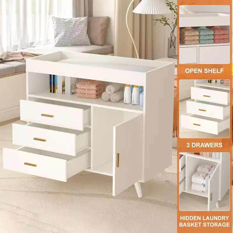 Nursery Dresser & Baby Changing Table Combo - Wooden 3-Drawer Storage with Built-in Shelves and Top-Mounted Changing Station