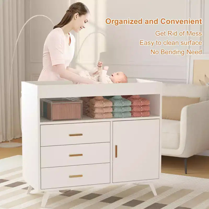 Nursery Dresser & Baby Changing Table Combo - Wooden 3-Drawer Storage with Built-in Shelves and Top-Mounted Changing Station