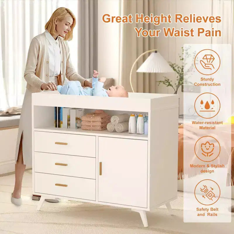 Nursery Dresser & Baby Changing Table Combo - Wooden 3-Drawer Storage with Built-in Shelves and Top-Mounted Changing Station