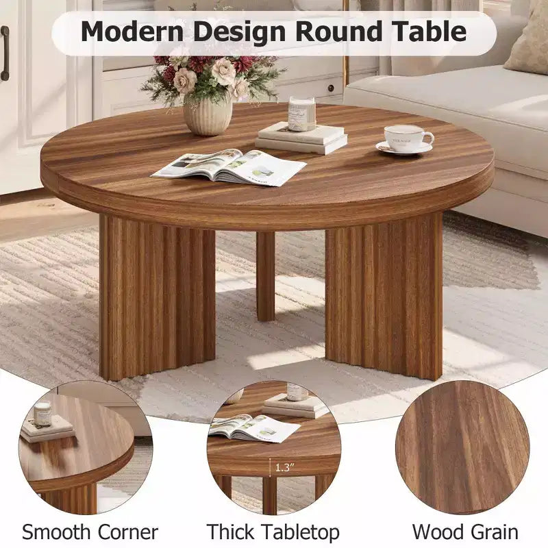 Round Coffee Table, 33.5 Coffee Table for Living Room, Wood Center Table, Small Space, Home Office, Easy Assembly