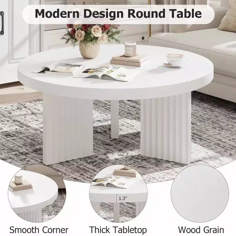 Round Coffee Table, 33.5 Coffee Table for Living Room, Wood Center Table, Small Space, Home Office, Easy Assembly