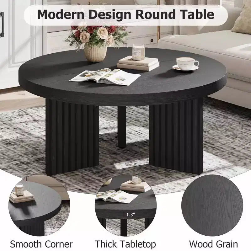 Round Coffee Table, 33.5 Coffee Table for Living Room, Wood Center Table, Small Space, Home Office, Easy Assembly