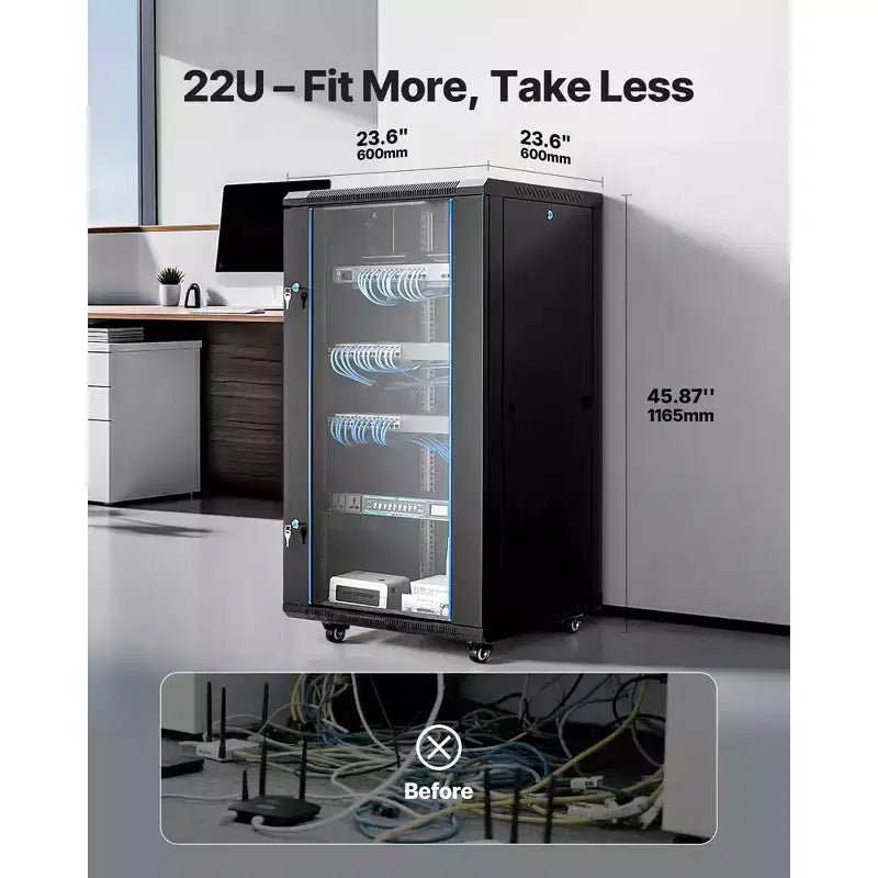 VEVOR 22U Network Cabinet Wall Mount, 23.6 in Depth, 300 lbs Max Load Capacity Server Cabinet Rack Enclosure with Locking Tempered Glass Door, Black